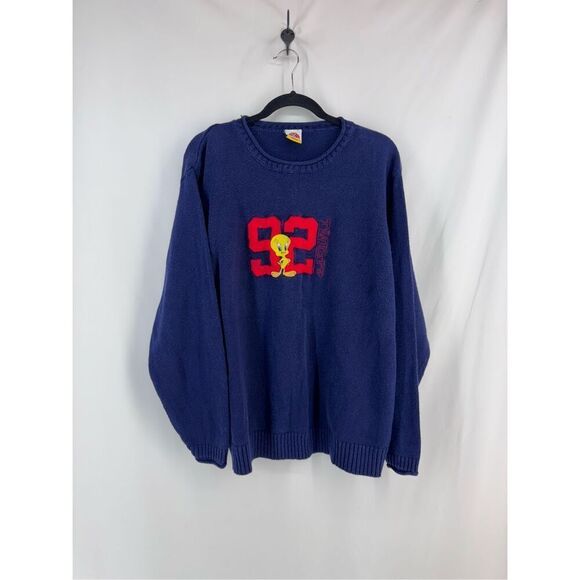 Vintage 90s Warner Bros Women’s Blue Tweety Looney Tunes Oversized Sweater XL - Picture 7 of 11